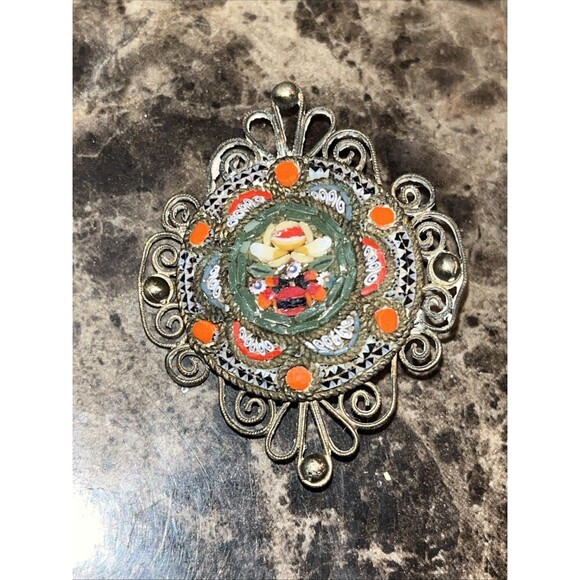 Antique Vintage Colorful Micro Mosaic On Copper Metal Ornate Outline Brooch - Picture 1 of 9